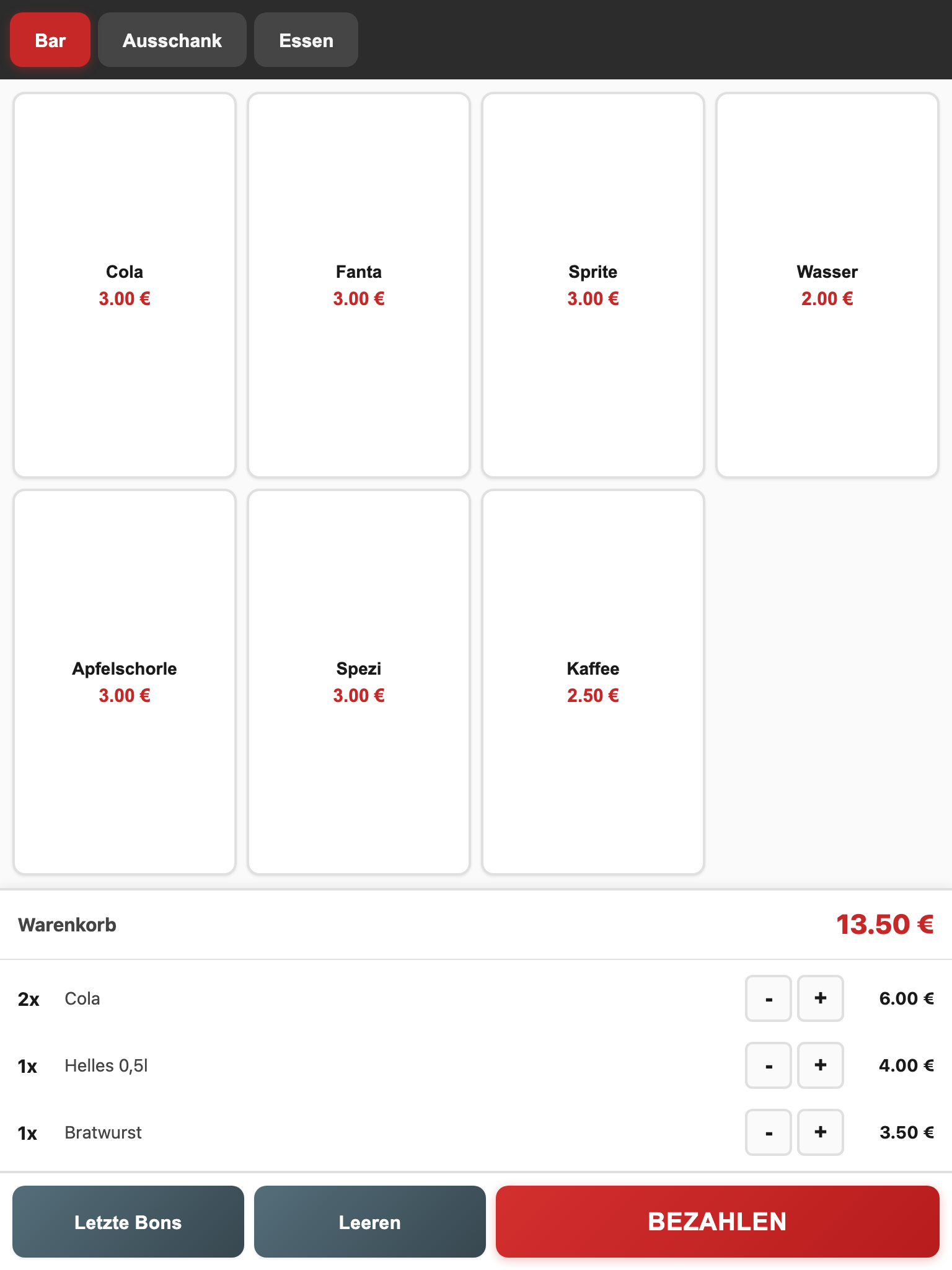 Kassenansicht auf Tablet