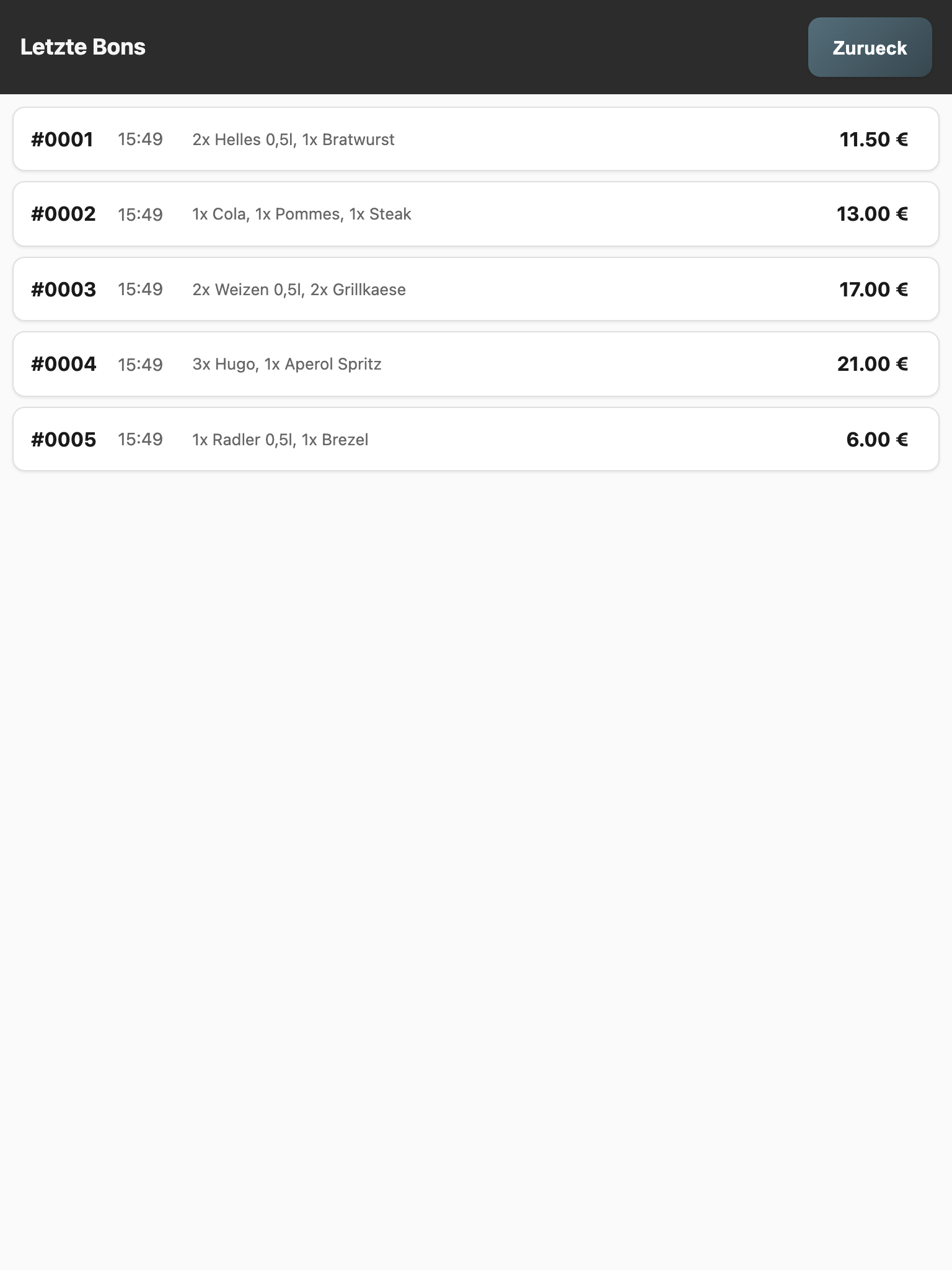 Liste der zuletzt gebuchten Bons