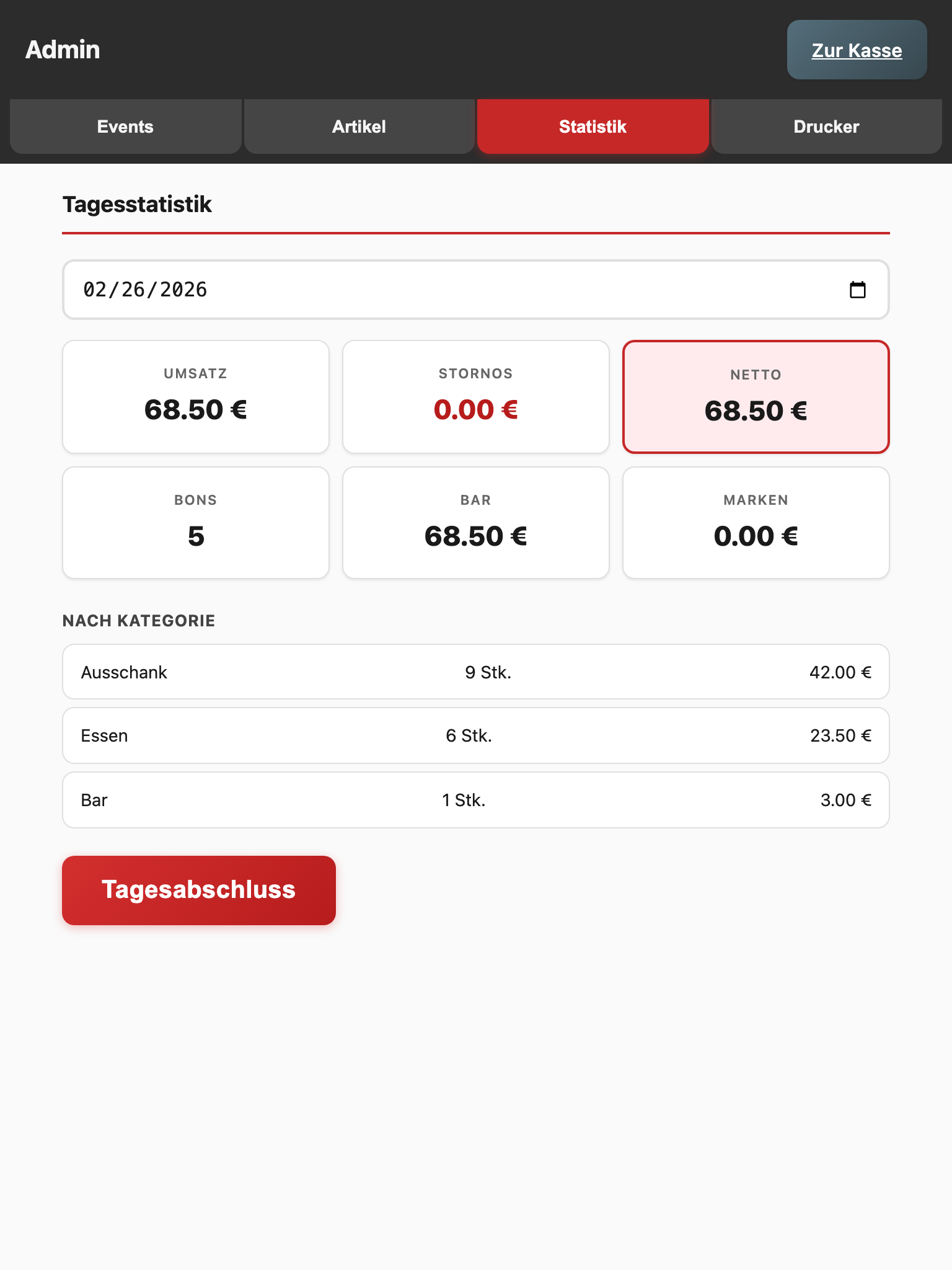 Tagesabrechnung mit Kategorien
